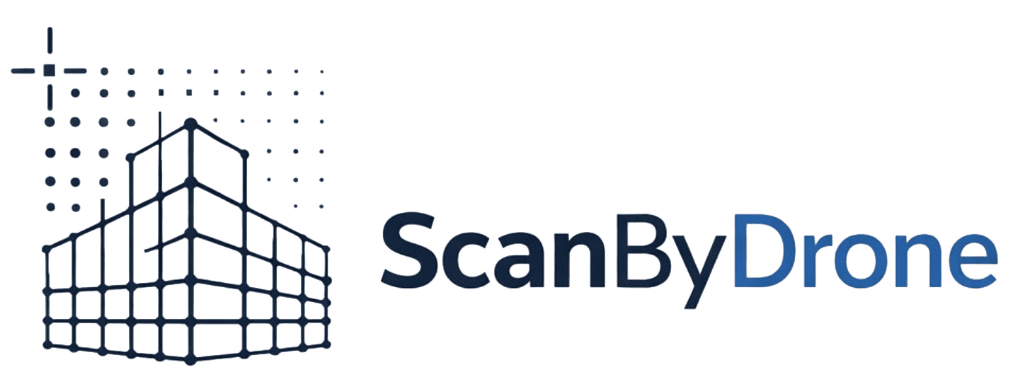 Billedet viser logoet for ScanByDrone, som kombinerer en grafisk repræsentation af en bygning med moderne design og teknologi. Logoet symboliserer effektivitet og innovation inden for droneinspektion og scanning af bygninger. ScanByDrone tilbyder avancerede løsninger til byggetekniske analyser og inspektioner.